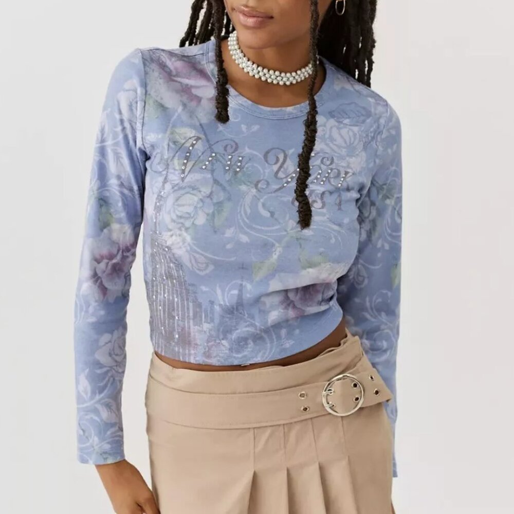 Urban Outfitters New York City Diamante Shrunken Long Sleeve Top (New wi…